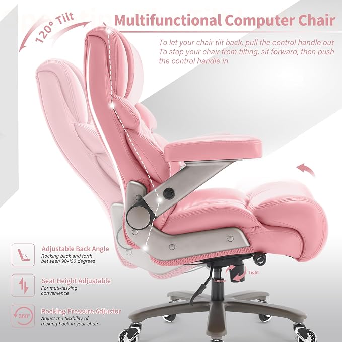 VUZI 700lbs Big and Tall Office Chair, Large Executive Leather Desk Chair | Adjustable Lumbar Support for Back Pain, Plus Size Wheels, 3D Flip Arms, Heavy Duty Metal Base, Wide Seat Computer Chair