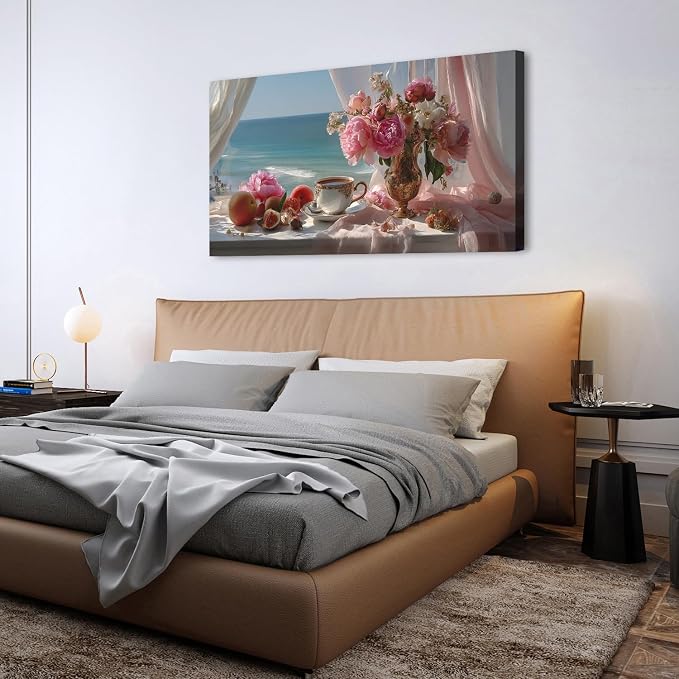 AIYISU Vintage Pink Flower Wall Art Retro Flowers in Golden Vase Pictures Blue Ocean Coastal Landscape Canvas Prints Blossom Painting Poster Floral Artwork Living Room Bathroom Home Decoration 30x60