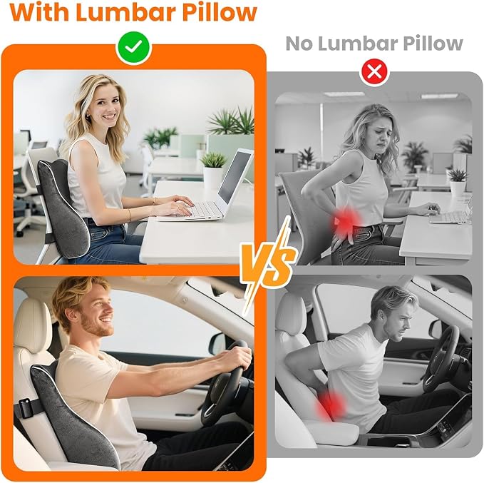 CloudBliss Lumbar Support Pillow, Memory Foam for Office, Standard, Gray | Ergonomic High-Density Memory Foam, Adjustable Straps, Washable Mesh Cover, Lower Back Support for Office, Gaming & Car Seat