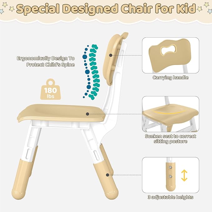 DOREROOM Adjustable Kids Table & 4 Chairs Set, 31.5" L x 23.6" W, Beige-W | Graffiti Desktop,Table Supports 300 lbs,Toddler Ages 2-8，FSC-certified, Children Activity Table for Daycare, Classroom, Home