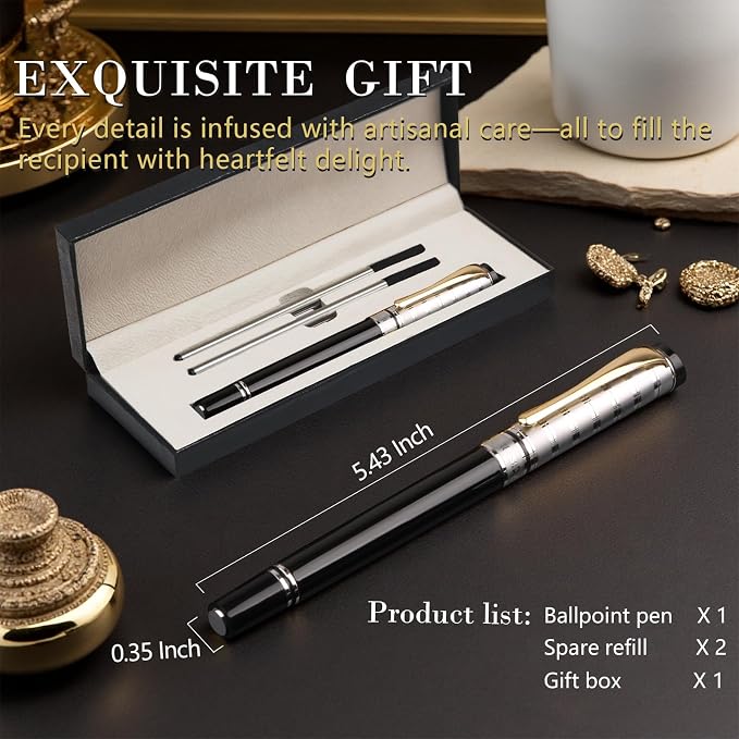 Luxury Gel Ballpoint Pens,Personalized Ink Pen Set with 3 Refills (Black/Blue/Red), Ultra-Smooth Writing Experience, Perfect for Gifts,Business,Office (Silver Black)