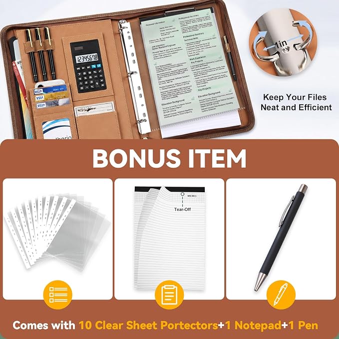 Leathario Portfolio Binder, Includes 5 Sheet Protectors and a Pen, 13 Inch Tablets Organizer, Vegan Leather A4 Padfolio, Multi-Pocket Notepad Business Planner Professional Document