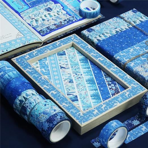 Winter Washi Tape Set 10 Rolls - Blue White Snowflake Flower Tree Decorative Tape for Bullet Journal, Planner, DIY Arts Crafts, Scrapbooking