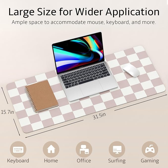 Mouse Pad Leather Desk Mat Large Keyboard Cute Office Desktop Computer Laptop XXL Long Big Aesthetic Modern Design Women Girls Gaming Gamer Oversized Wide Mousepad 31.5"x15.7", Khaki Plaid