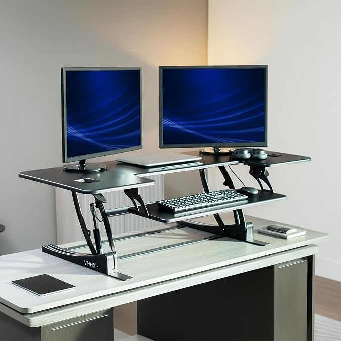 VIVO 54 inch Manual Height Adjustable Large Standing Desk Converter, Quick Sit-Stand Desk Riser, Tabletop Pneumatic Assist Height Adjust 6.5 to 17 inch, Black, DESK-V054V