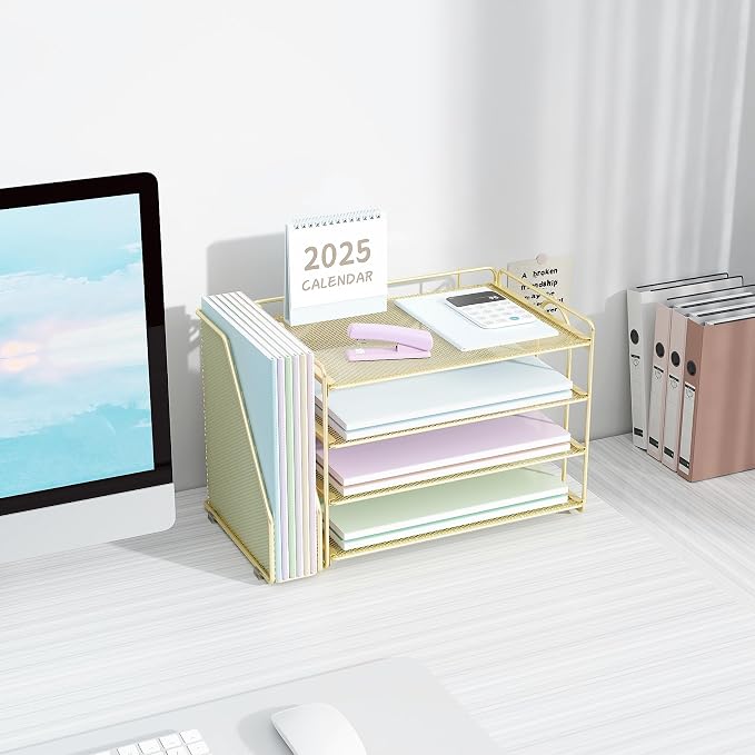 Spacrea Desk Organizers and Accessories, Paper Organizer for Desk with File organizer, Desk Accessories & Workspace Organizers for Office Supplies (Gold)