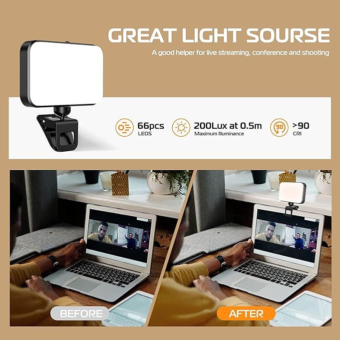 Selfie Ring Light (Latest) 66 LED 3 Colors 5 Levels 360 Degree Rotation Flexible High Brightness (Long Battery) Type-C Fast Charge Fill Portable Clip Light for Phones, Camera, Laptop, ipad, Webcam