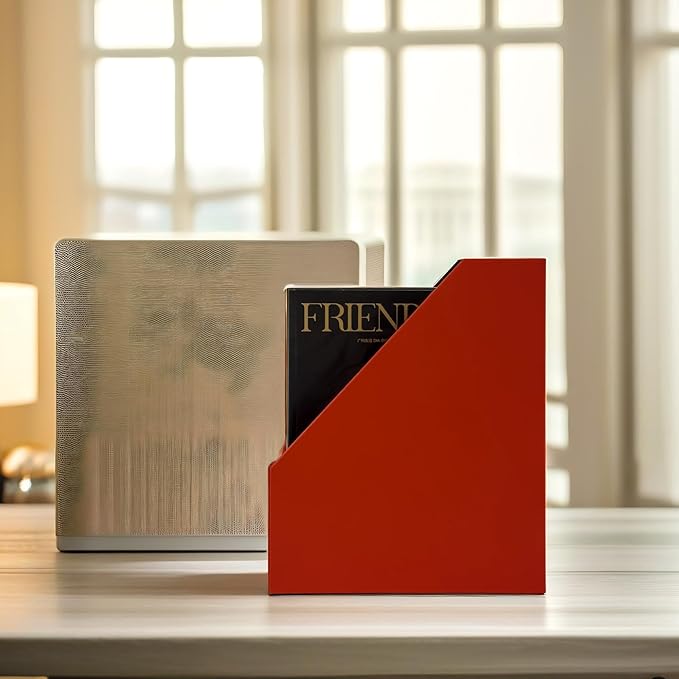 UnionBasic Magazine File Holder, Leatherette Desktop Document Organizer, Home Office Paper Holder File Storage Literature Sorter, Red
