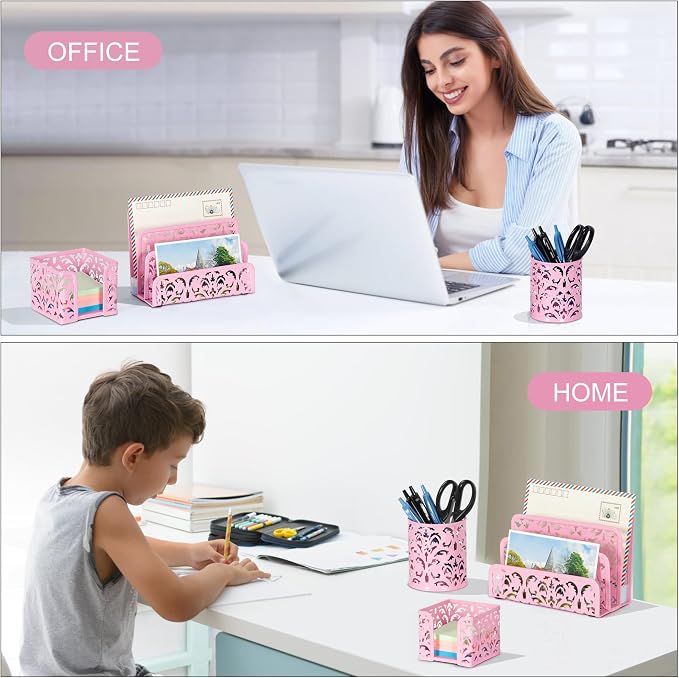 EasyPAG Desk Organizers and Accessories 3 Pieces Office Organizer Set - Pen Holder for Desk, Mail Sorter Countertop and Sticky Note Holder, Pink