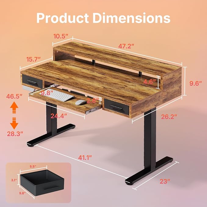HUANUO 48″ x 26″ Electric Standing Desk with 2 Drawers &24.4″ Large Keyboard Tray, C-Clamp Mount Compatible, Adjustable Computer Desk for Office, Sit Stand Up Desk with 4 Height Presets, Vintage Brown