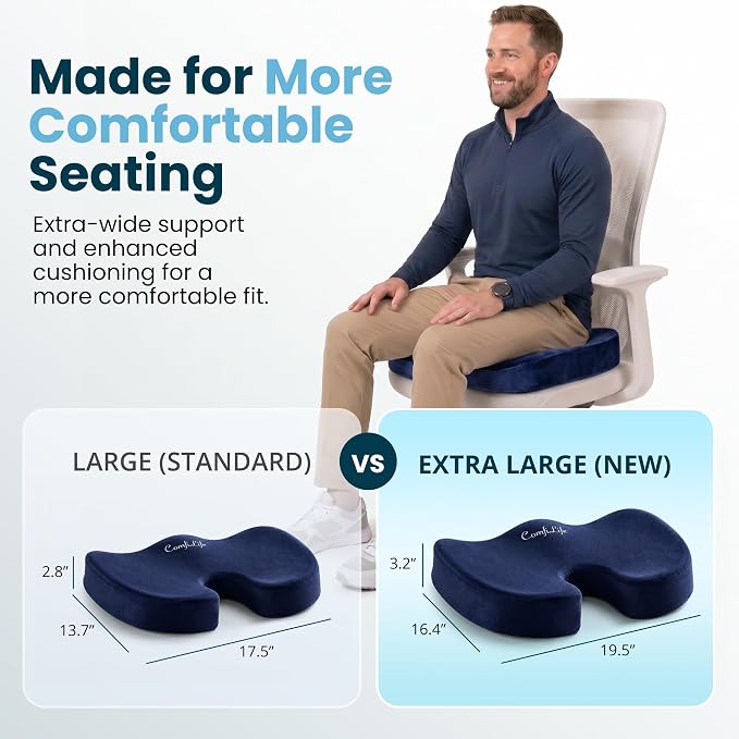 ComfiLife Extra Large Gel & Memory Foam Seat Cushion - Doctor Recommended Office Chair Cushion, Car Seat Cushion - Back & Sciatica Pain Relief - Wide Seat Cushion for Big & Tall (Navy Blue)
