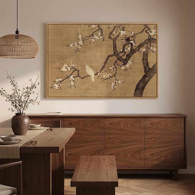 Framed Vintage Asian Wall Art, Neutral Chinoiserie Plum Blossom Branch Floral Bird Canvas Prints Painting, Zen Japandi Oriental Picture for Living Room Bedroom Kitchen Wall Decor, 24x36 Inch