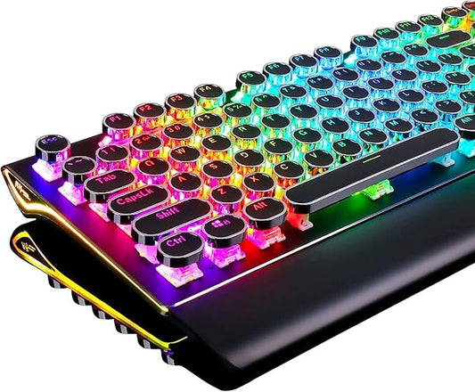 RK ROYAL KLUDGE S108 Typewriter Mechanical Keyboard, Full RGB Gaming Keyboard, Wired PC Game Keyboards with Number Pad and Detachable Wrist Rest, Retro Round Keycaps, Brown Switches Black