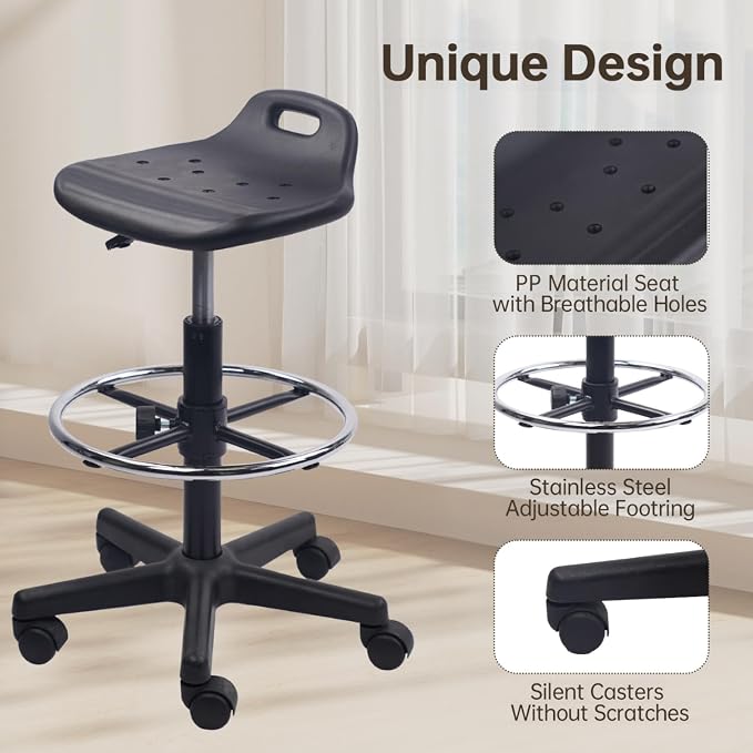 KLASIKA Drafting Rolling Stool Adjustable Height with Foot Rest Breathable Seat Cushion Swivel Stools with Wheels, Multi-Purpose Work Stool for Shop, Task, Salon, Black, 4 Pack
