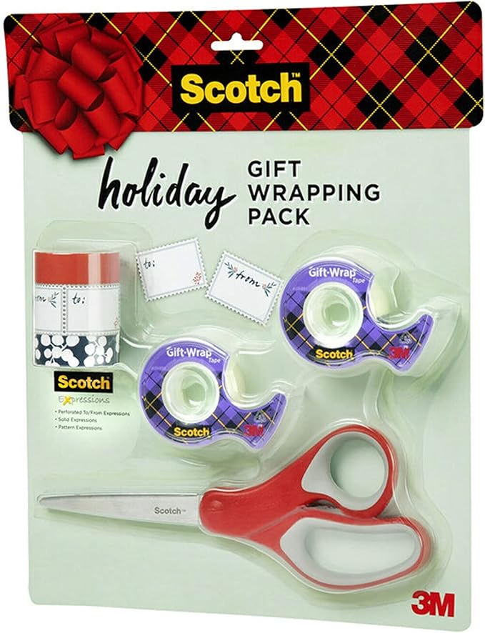 Scotch Gift Wrap Tape Kit, Wrapping/Art Supplies Set with Gift-Wrap and Cute Washi Tape, to/from Labels, and Sharp Scissors for Gift Wrapping, Scrapbooking, and Journaling