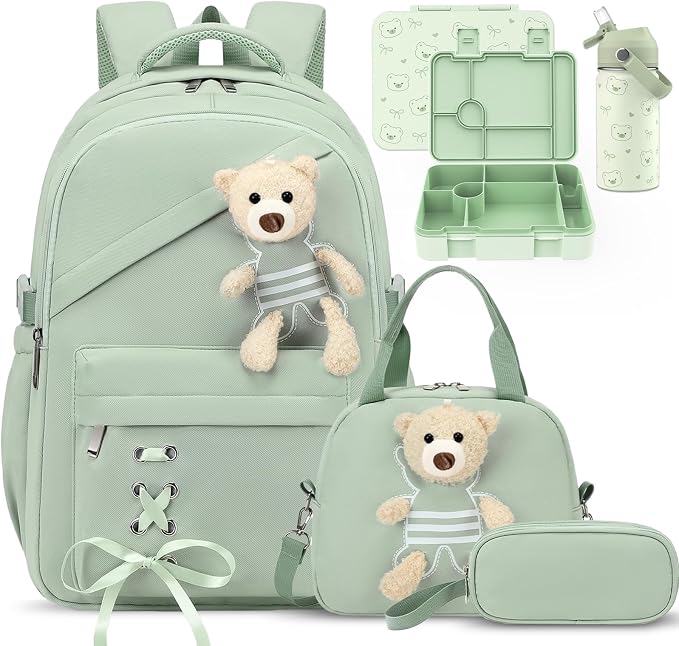 ACESAK Girls Backpack for School Set - 5 PCS Cute Girls Backpack with Lunch Box, Pencil Case, Bento Box & Insulated Water Bottle - Kawaii Casual Kids Bookbag Set Back to School Supplies (Green)