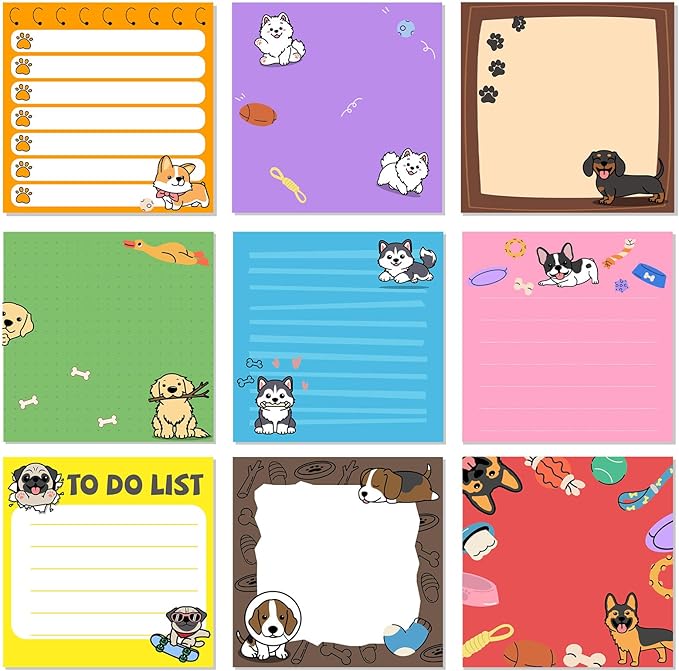 9 Pads Cute Sticky Notes Cartoon Self Stick Notepads 3x3 Inches Notes Adhesive Memo Pad Office Decor Gifts for Students School Teacher Office Meeting(Dog)