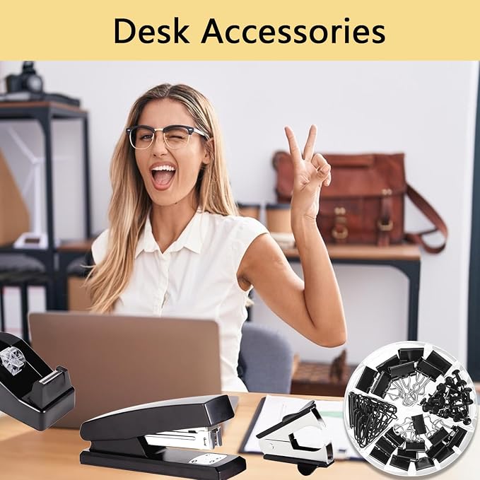 Office Supplies,Black Desk Accessories,Office Supplies Set,Stapler and Tape Dispenser Set,Scissors,Staple Remover,Binder Clips,Staples,Ballpoint Pen,Index Tabs with Ruler,Clear Tape.9pcs for Office