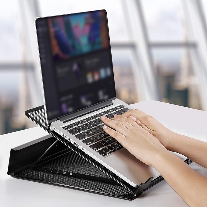 DESIGNA Metal Mesh Ventilated Adjustable Laptop Stands Computer Notebook Holder Stand Riser Compatible with Apple MacBook Air Pro Dell XPS HP Samsung Lenovo More Laptops up to 19"- Black