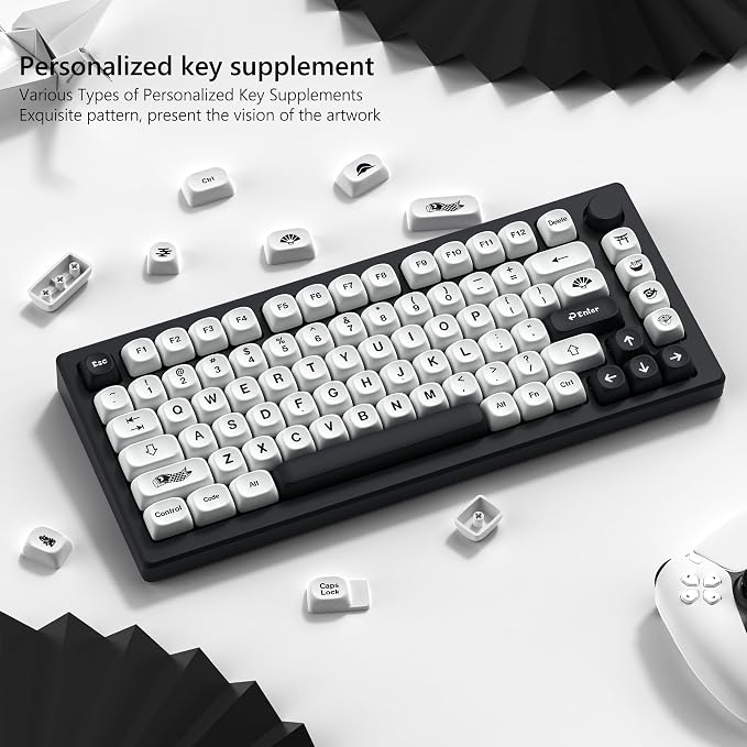 Womier Japanese MOA Keycaps, PBT Keyboard Keycaps for Mechanical Keyboard, Custom Cute White Key caps Dye-Sublimation for 60% 65% 75% 100% Percent Cherry MX - White and Black