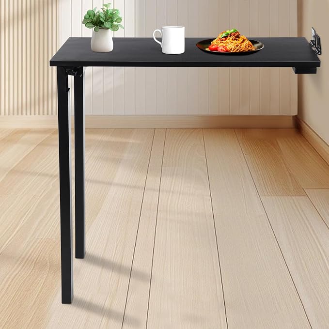 Wall Mounted Folding Dining Table, 30in L Wood Drop-Leaf Desk With Support Legs, Thickened Plate & Bearing Capacity 132lbs For Small Space, Laundry, Dining Room, Bedroom, Home Office. (Black)