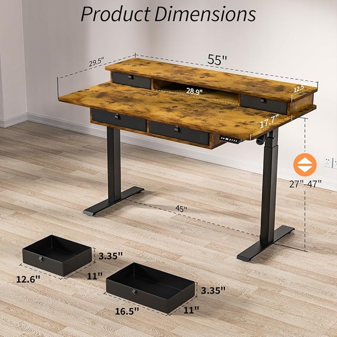 Kingant Electric Standing Desk with 4 Drawers,USB Charging Ports 55"x 30" | Ergonomic Height Adjustable Large Workstation, Heavy-Duty Sit Stand Up Desk For Home Office Daily Work,Rustic Brown