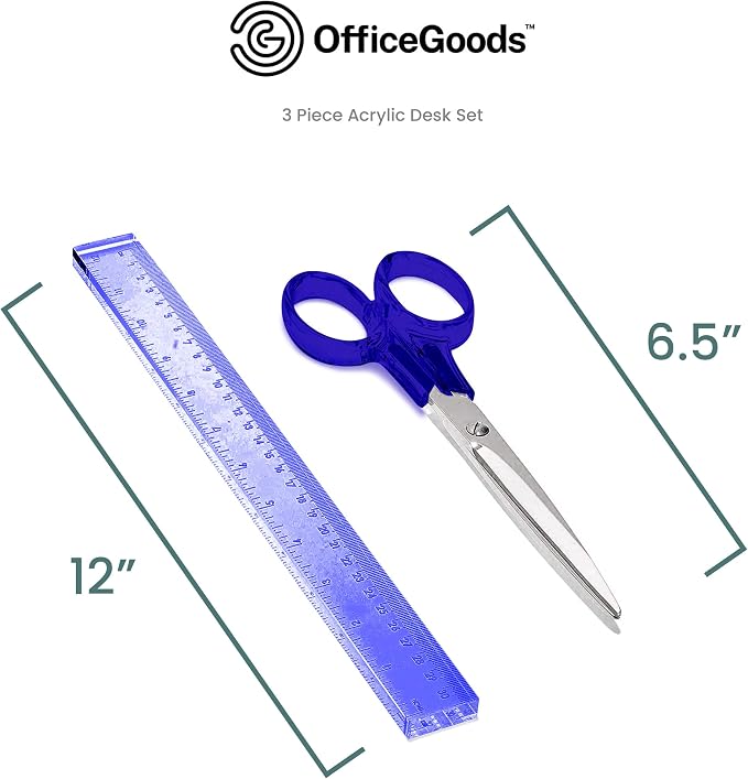 3-Piece Acrylic Desk Set, Blue with Silver Metal | Ruler, scissors, and staple remover set, Functional and elegant desk accessories, Stationery tools for office, and school