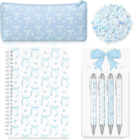 Sayglossy Blue Bow Stationery Gift Coquette School Supplies Set Include Pens Aesthetic Journal Notebook Pencil Case and Stickers Preppy Back to School Supplies for Girl Students