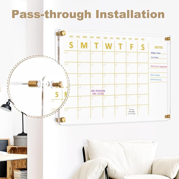 Large Acrylic Calendar for Wall, 24" X 16" Golden Clear Acrylic Wall Calendar, Clear Wet & Dry Erase Calendar Hanging Frameless Monthly Planner for Office, Home or School, 2 Markers