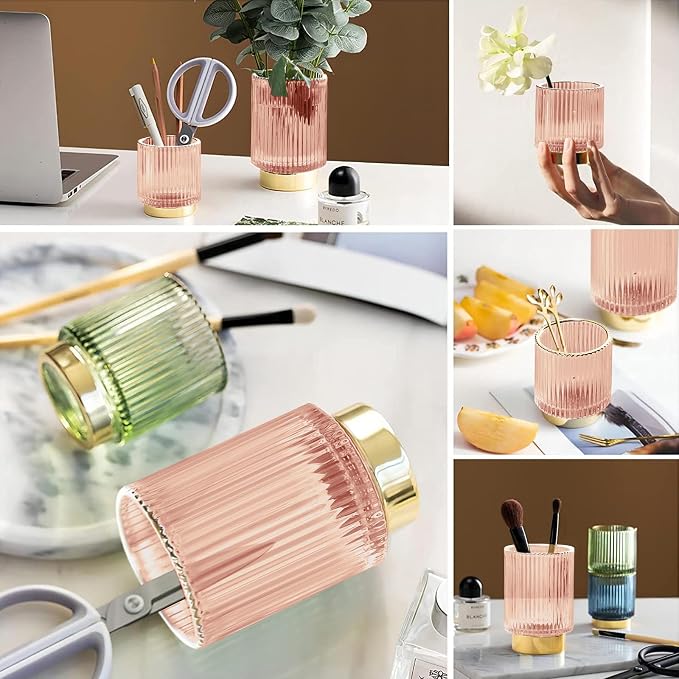 DASITON Makeup Brush holder Organizer,Crystal Cosmetic Makeup Brush Glass Brushes Storage Holder, Vintage Make Up Brush Cup Pen Pencil Holder striped vase(Pink S+L)