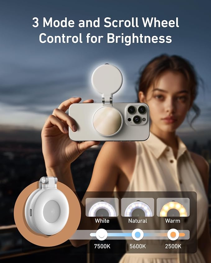 TELESIN C03 Magnetic Phone Selfie Light Compatible with iPhone Magsafe, CRI97 360° LED Selfie Ring Fill Light with Mirror for Selfies/Photography/TikTok/Zoom Calls/Video Conference (White)