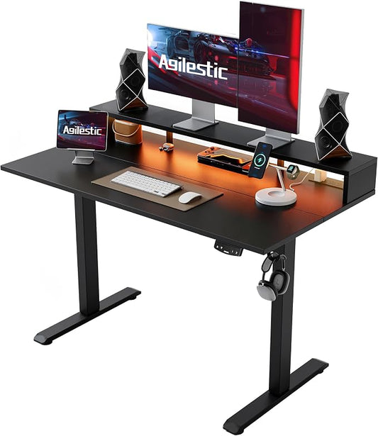Agilestic 55 x 24 Inch Electric Standing Desk with Shelf, Height Adjustable Desk with Power Outlets & LED, Sit Stand Up Table with Monitor Stand, Computer Workstation, Black