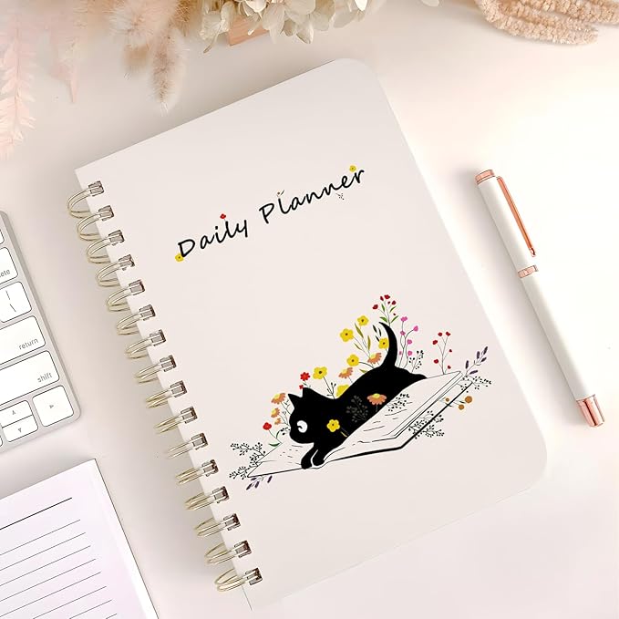 Stanoha Undated Daily Planner - Spiral Notebook 80 Days One Day Per Page, Hourly Schedule, To-Do List, Notes, Everyday Planning Task, A5 Hardcover Journal Organizer Book Women Cute Aesthetic, Cat