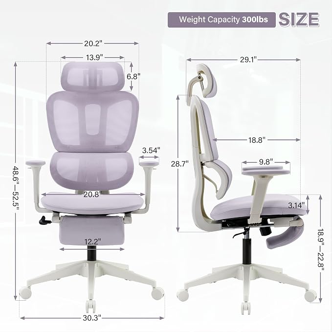 Ergonomic Office Chair with Retractable Footrest, Purple | High Back Design, Dynamic Lumbar Support, 2D Headrest & 2D Armrests, Breathable Mesh Back for Home Office