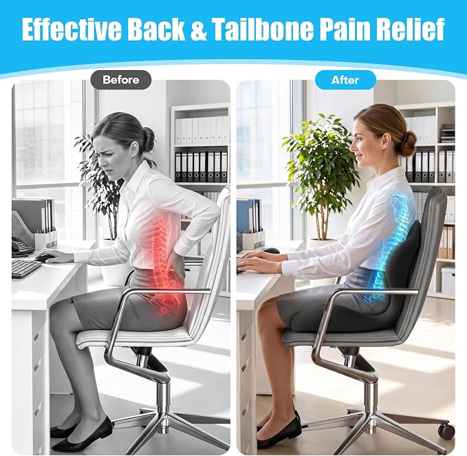 Ergonomic Seat Cushion for Tailbone Sciatica Lower Back Pain Relief, L-Shaped Seashell Memory Foam Coccyx Hollow Cushion, 2-in-1 Lumbar Back Support Pillow for Office Gaming Car Chair Black