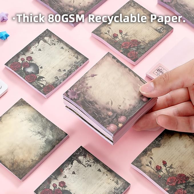 4-Pads 3x3 Sticky Notes, Vintage Memo Pads with High-Adhesive, Self-Stick Notes, Reusable & Tearable for Journal Planners Office School Home, Retro Stationery Gift - Gothic Rose