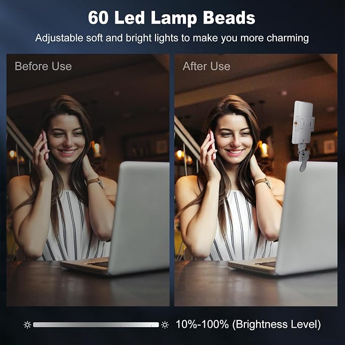 Selfie Light, Phone Light with Front & Back Clip, 60 LED Portable Light with 3 Modes, 5000mAh Rechargeable Video Light for Phone, iPhone, IPad, Laptop, TikTok, Makeup, Lighting Monolights(White)