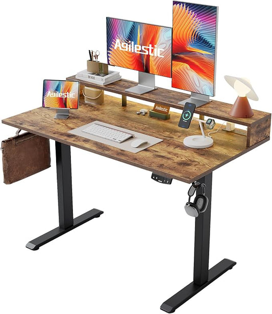 Agilestic 55 x 24 Inch Electric Standing Desk with Shelf, Height Adjustable Desk with Power Outlets & LED, Sit Stand Up Table with Monitor Stand, Computer Workstation, Rustic Brown