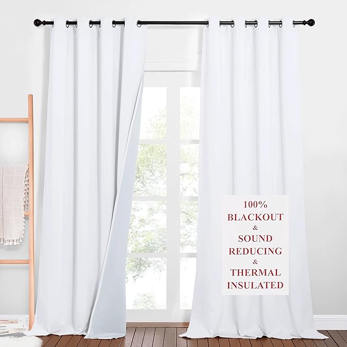 NICETOWN Noise Dampening Curtains for Large Window, Separating Wall Divider, Energy Smart & Full Blackout Drapes for Patio Door Office, Thermal Insulated Guest Room Lined Curtains (White, 52" x 108")