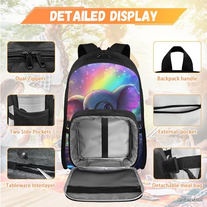 Doojoayie Elephant Backpack for School Kids Bookbag with Lunch Box 3D Animals Print Backpack for Girls Aesthetic Kindergarten Back to School Gifts Bags for Student Large Capacity Back Pack