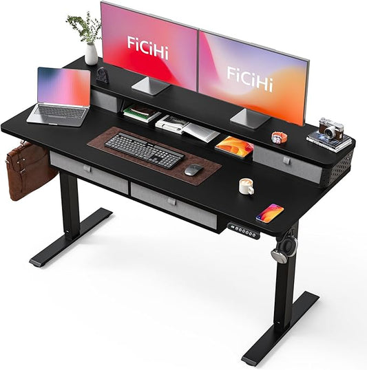 FiCiHi Electric Standing Desk with Four Drawers, 55 x 24 Inch Adjustable Height Sit Stand Desk, C-Clamp Compatible Home Office Desk with Storage Shelf & Monitor Stand Riser, Classical Black