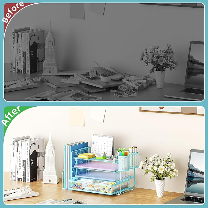 Marbrasse 4-Tier Paper Tray Organizer with Drawer and Pen Holder, Blue | Metal Mesh Desk Organizer, Built-in Drawer & 2 Pen Slots, fits letters/Files, for School Home Office Supplies