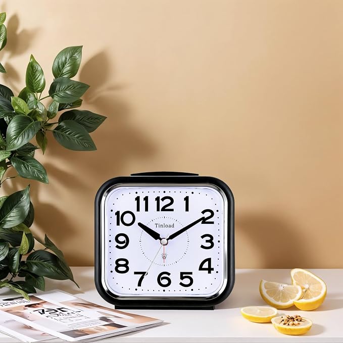 Tinload 5.5" Large No Ticking Analog Alarm Clock,Silent Readable for Seniors,Easy to Set,Gradual Rise Alarm,Big Numbers,Gentle Wake,Snooze, Lighted on Demand,Battery Operated(Black-B)