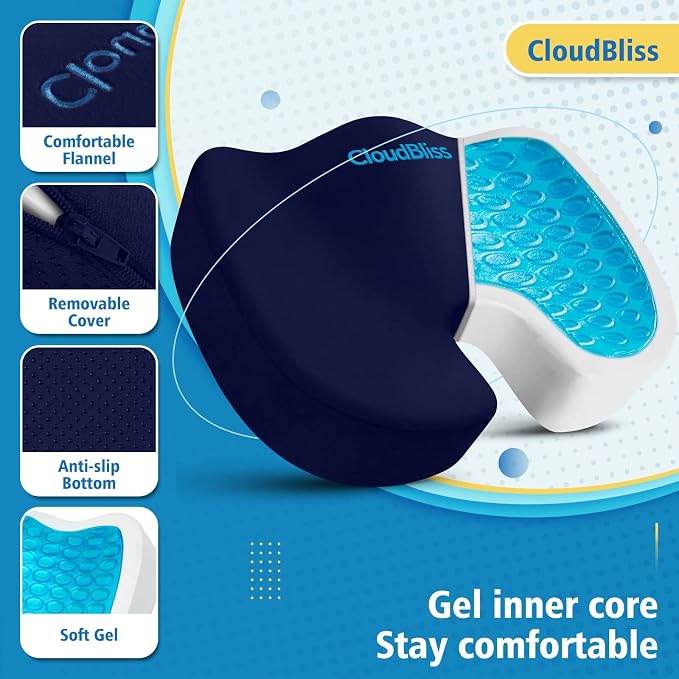 CloudBliss Gel Memory Foam Seat Cushion for Long Sitting, X-Large, Blue | Gel Chair Pad for Tailbone, Coccyx, Sciatica , Soft Suede Cover, Non-Slip , Washable Mesh, for office, home, car