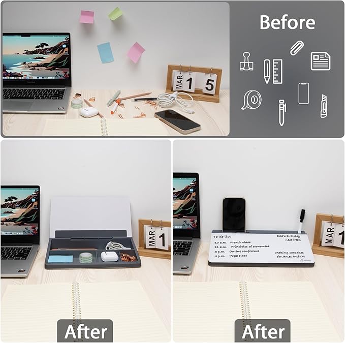 Varhomax Glass Desk Buddy Whiteboard with Storage, Small Dry Erase Desktop White Board Caddy to-do List Memo Notepad for Office, School and Home Office Supplies (Gray and White)