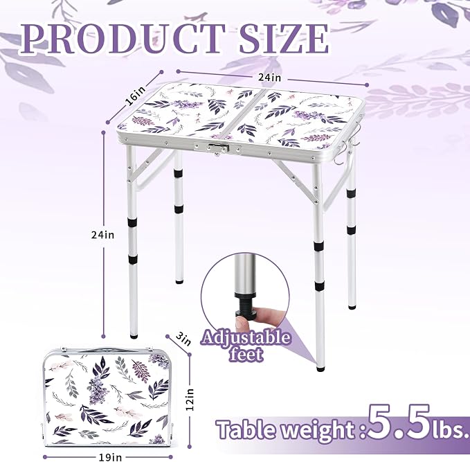 Yriuat Folding Camping Table 2ft Portable Picnic Table Adjustable Height Small Card Table Aluminum Foldable Lightweight with Carry Handle for Outdoor Indoor Hiking Camp BBQ Beach (Misty Lilac)