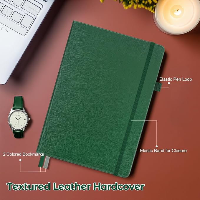 Dotted Journal, Hardcover Notebook, Dot Grid Notebook Journal for Women, Men, Large Leather Journals for Writing, Bullet, No Bleed Thick Paper, A5 Notebooks for Work, School, Notes, 5.7"x8.5", Green
