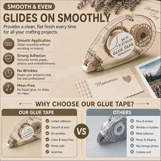 MARCADORUS Double Sided Tape Roller for Crafts, 26 Ft x 0.31 in Glue Tape for Scrapbooking, Pack of 8 Glue Tape Roller Junk Journal Supplies & Scrapbook Supplies.