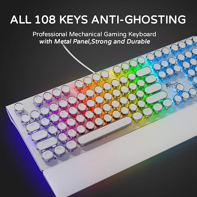 RK ROYAL KLUDGE S108 Typewriter Style Mechanical Gaming Keyboard with RGB Backlit, Wired PC Game Keyboard Full Size with Detachable Wrist Rest and Number Pad, Retro Round Keycaps, Red Switches White
