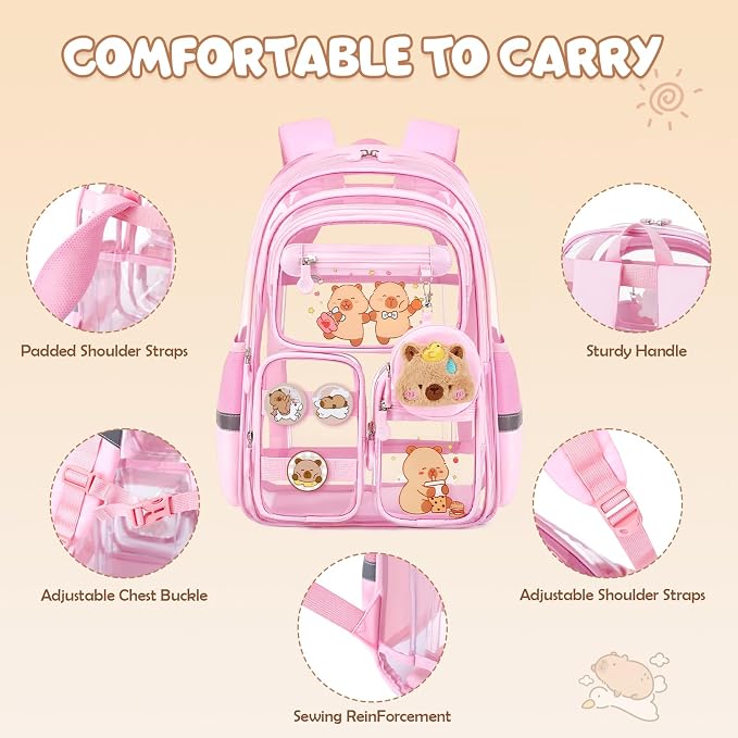 Capybara Theme Clear Backpack,Heavy Duty Transparent Backpack for Girls with Lunch Box Pencil Case,See Through Bookbag for Kids Teens Elementary Middle High School Stadium Approved
